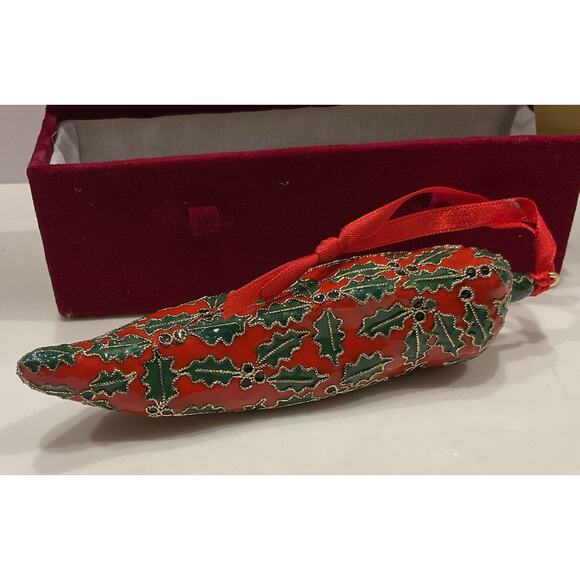 Rare Cloisonné Red Hot Chili Pepper Holly Berry Christmas Ornament With Box 5.5" - Picture 4 of 8